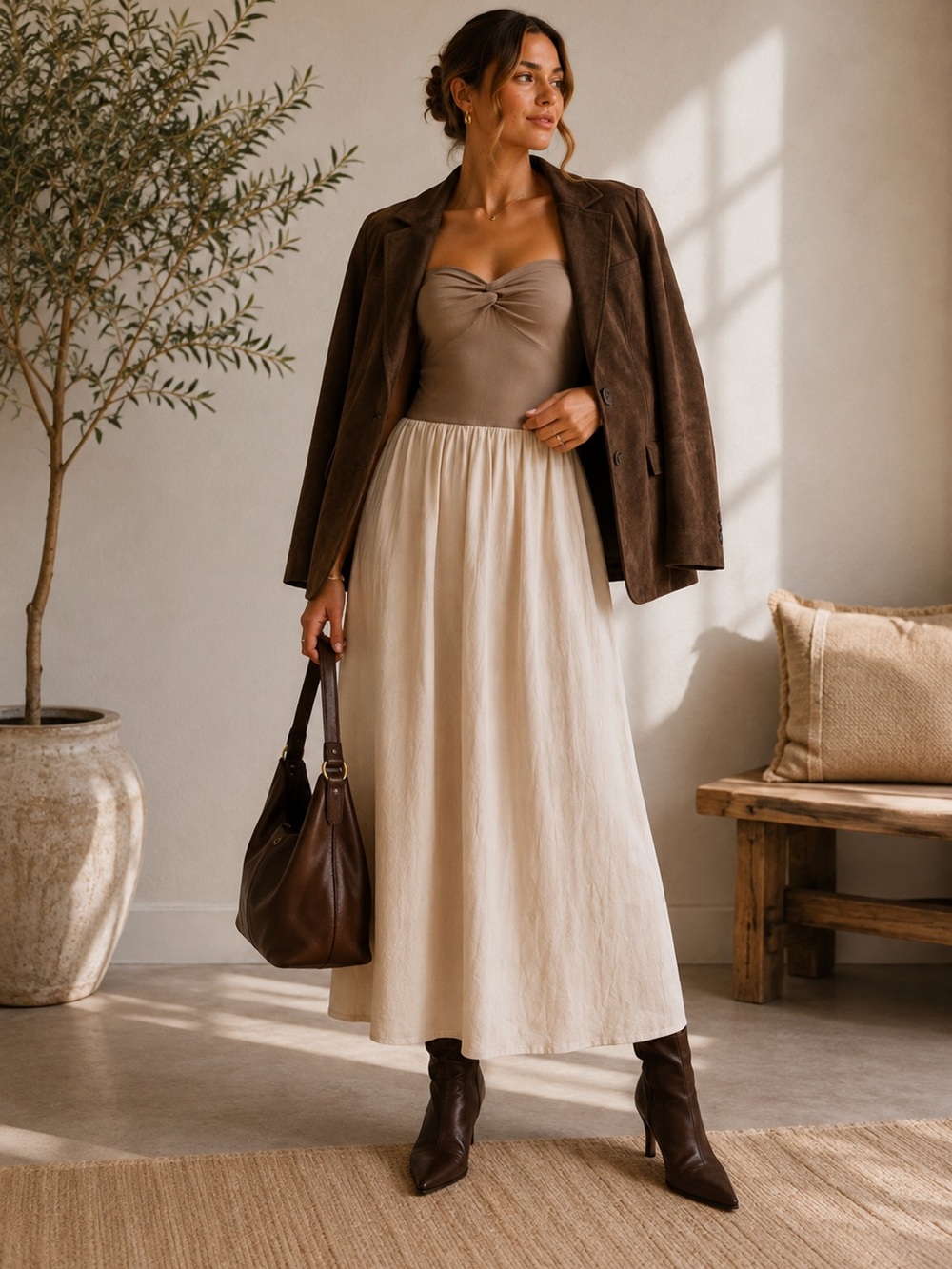 LOFT NWT Strapless Maxi Dress L Taupe Cream Twist Front Minimalist